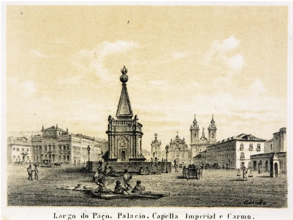 Gravura de Largo do Paço com construções históricas e pessoas caminhando.