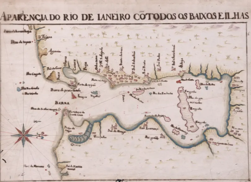 Mapa antigo do Rio de Janeiro em preto e branco, destacando ilhas e baías.