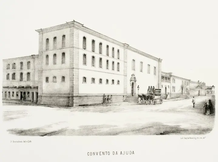 Gravura preto e branco de Convento da Ajuda com carruagem e entrada.