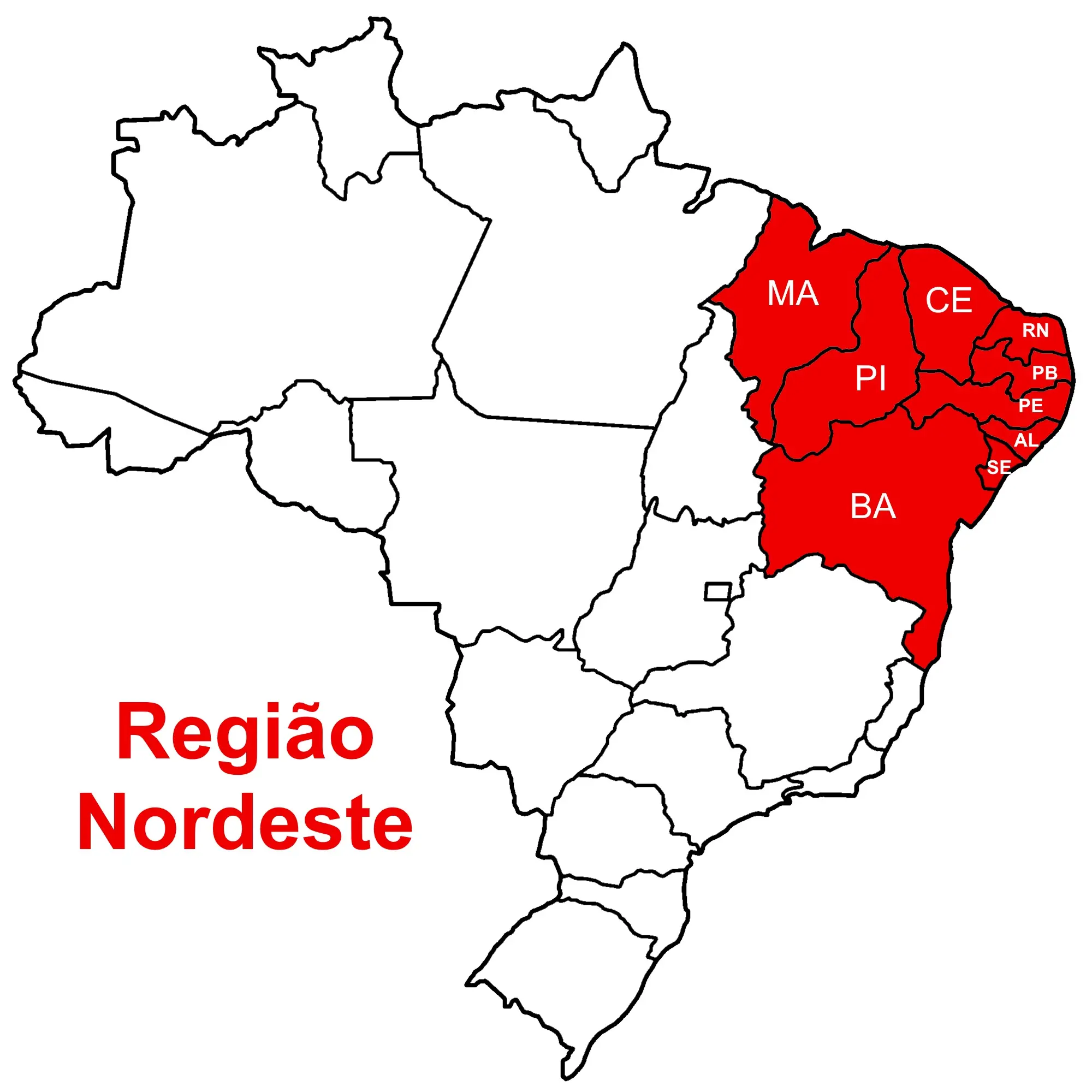 Mapa do Brasil com destaque para a Região Nordeste em vermelho.