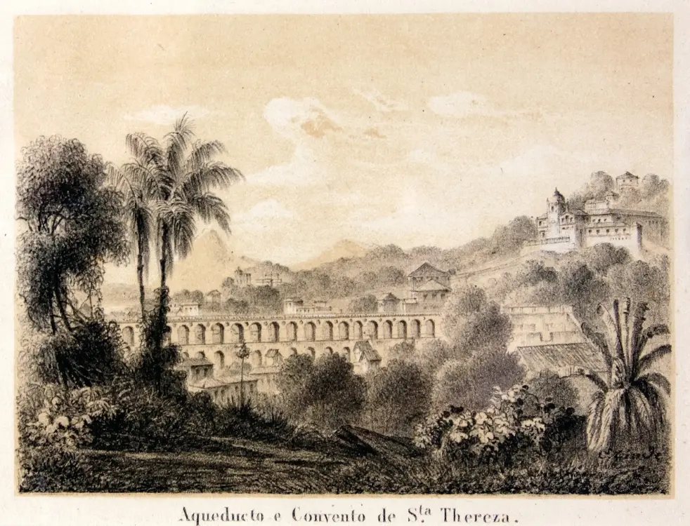 Aqueduto e Convento de Santa Teresa em preto e branco