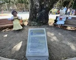 Placa informativa em braille e caracteres visíveis em parque municipal urbano.