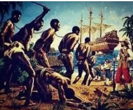 Pintura histórica retratando escravos sendo levados por coloniais em um cenário tropical.