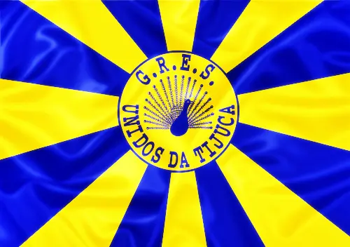 Bandeira radial azul e amarela com "UNITED G.R.E." e "UNIDOS DA TIJUCA" em destaque.