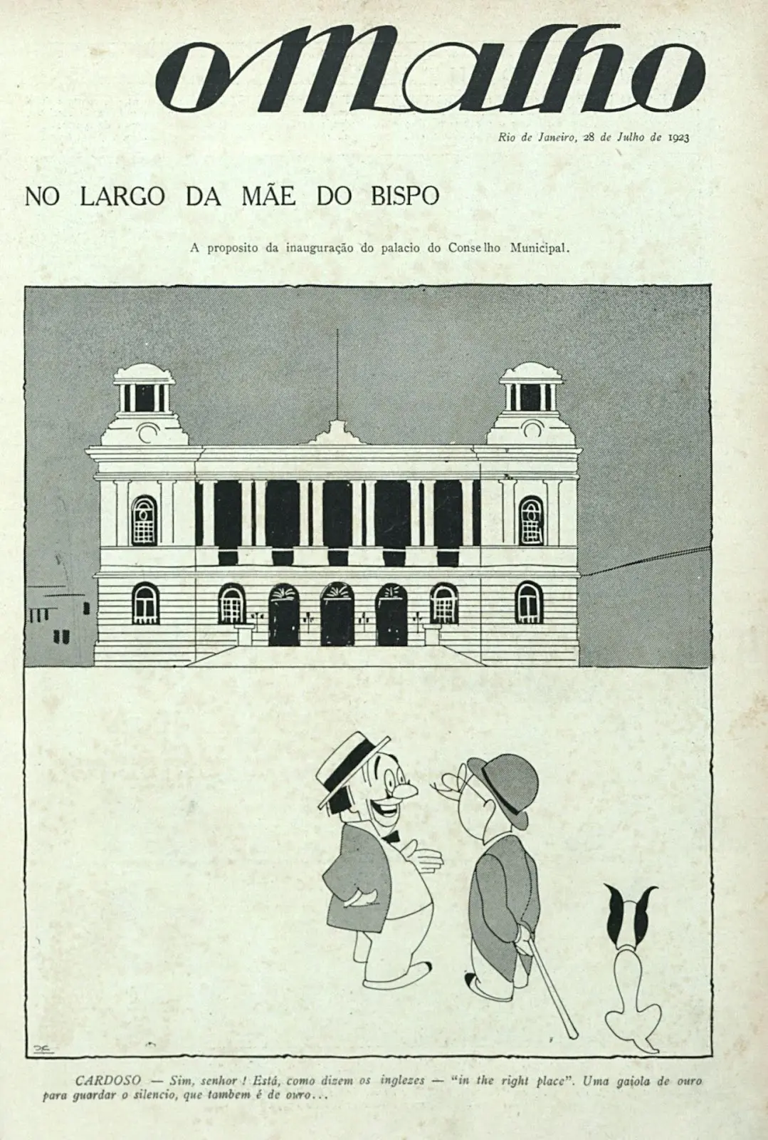 Ilustração em preto e branco do Palácio Pedro Ernesto com dois personagens e um animal de estimação.