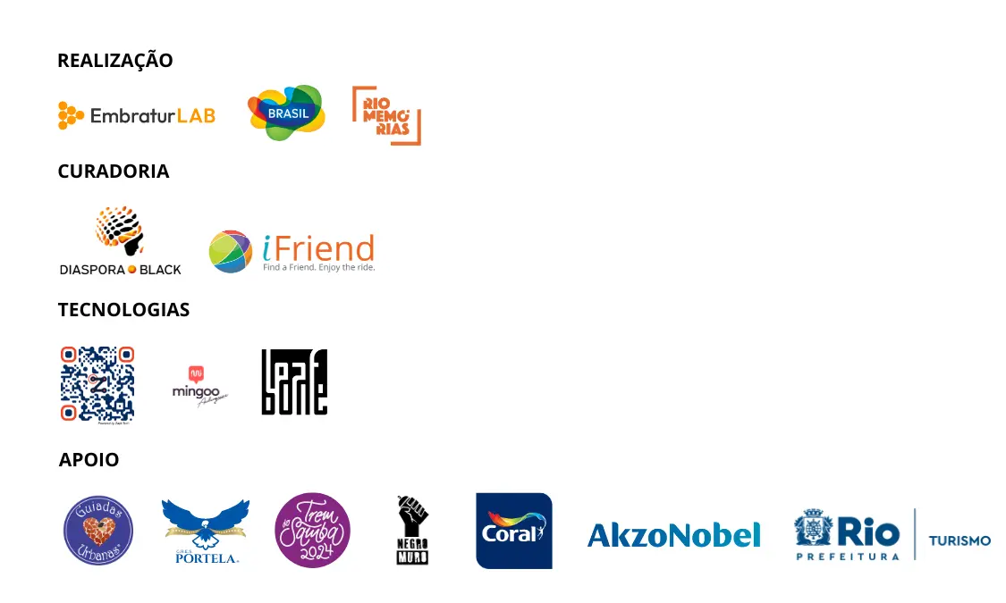 Logotipos de empresas e instituições em grupos temáticos.