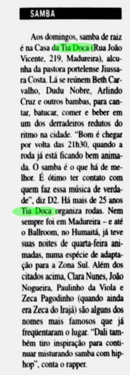 Artigo jornalístico sobre samba em Madureira, com rodas de samba na Casa da Tia Doca.