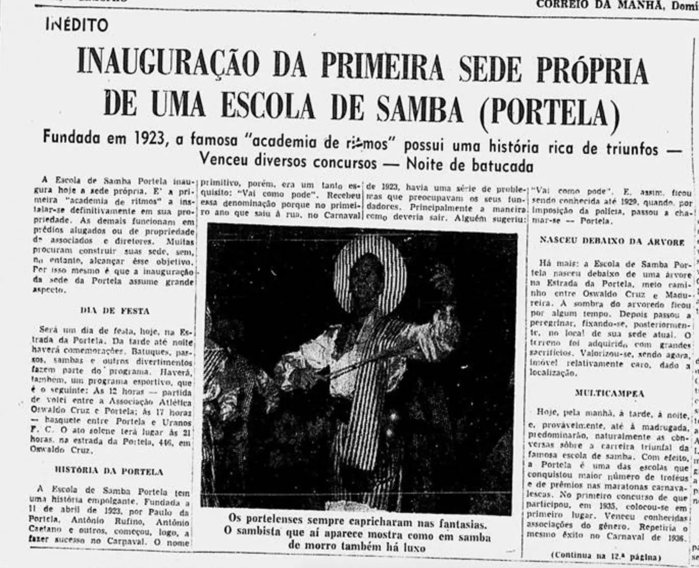 Jornal antigo em preto e branco sobre a inauguração da Portela.