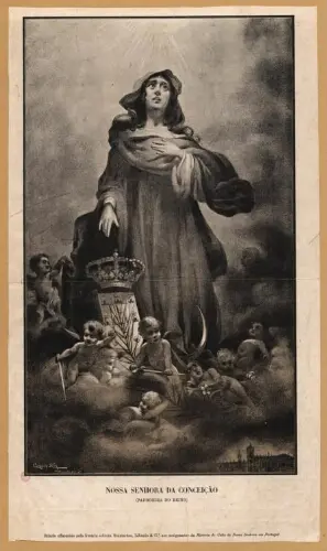 Gravura em preto e branco de Nossa Senhora da Conceição com anjos e céu nebuloso.