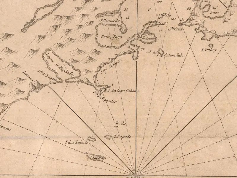 Mapa antigo com rotas náuticas e nomes de locais em letras góticas.