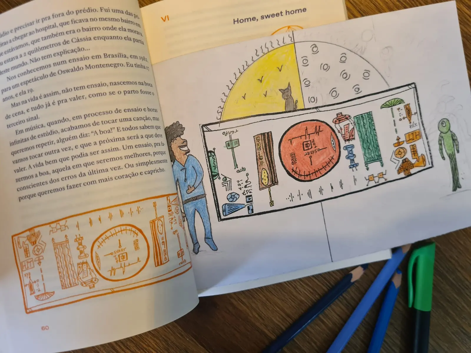 Página de livro com ilustrações coloridas e texto em português.