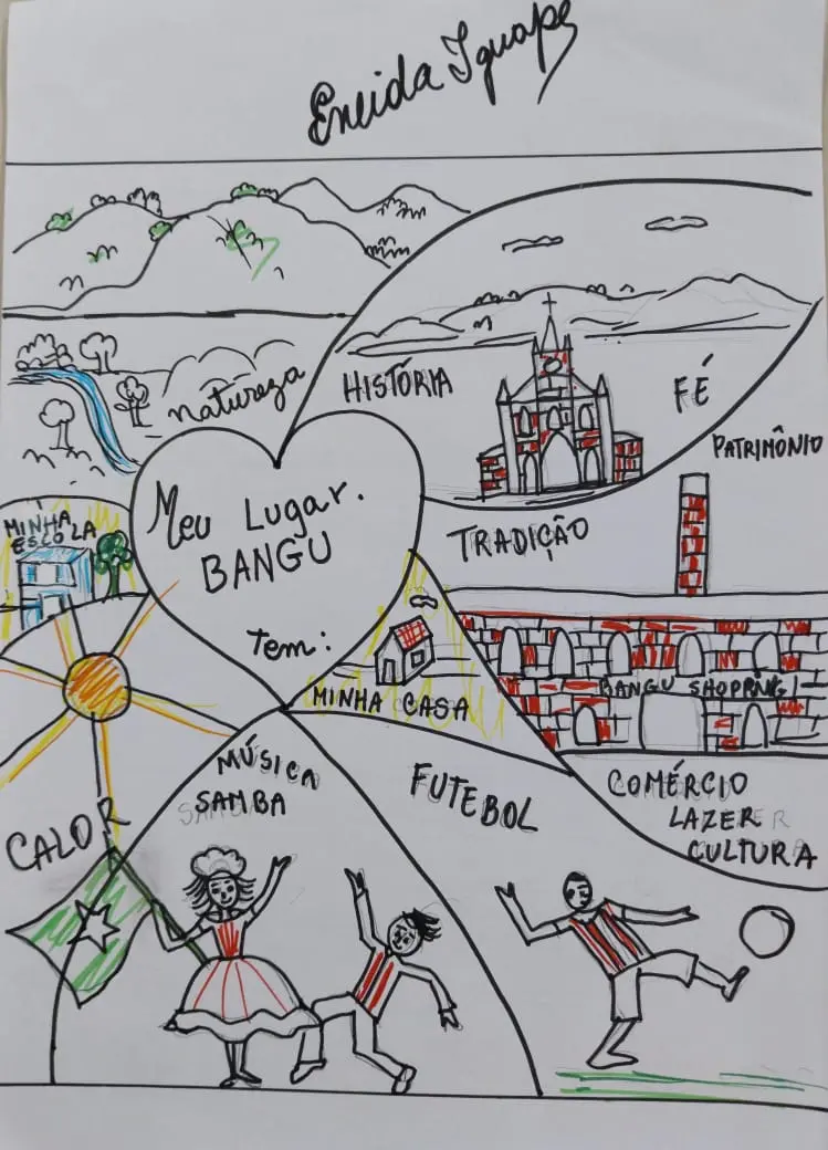 Um desenho colorido de Bangu com elementos culturais e naturais.