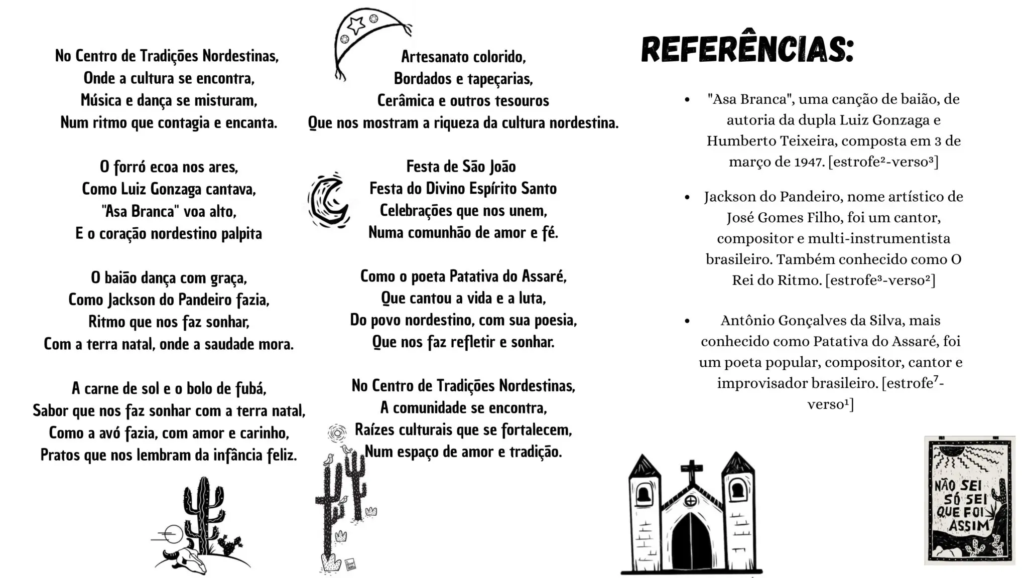 Cartaz sobre tradições nordestinas com artesanatos e referências culturais.