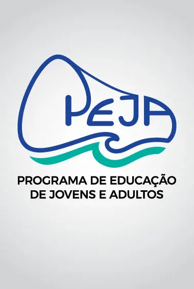 Logotipo PEJA com letras azuis e ondas dinâmicas.