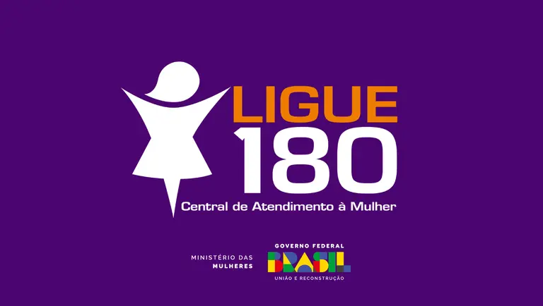 Cartaz com logotipo feminino dinâmico, "LIGUE 180" e "Central de Atendimento à Mulher".