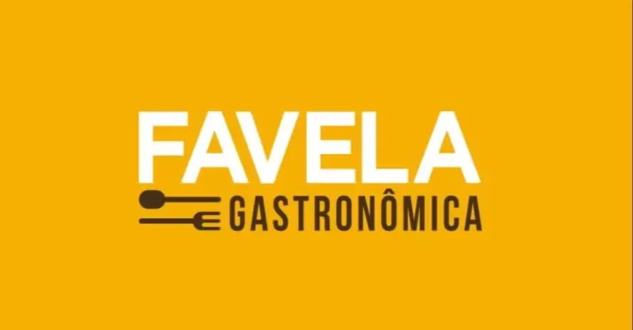 Cartaz amarelo com logotipo gastronômico e texto "FAVELA GASTRONÔMICA