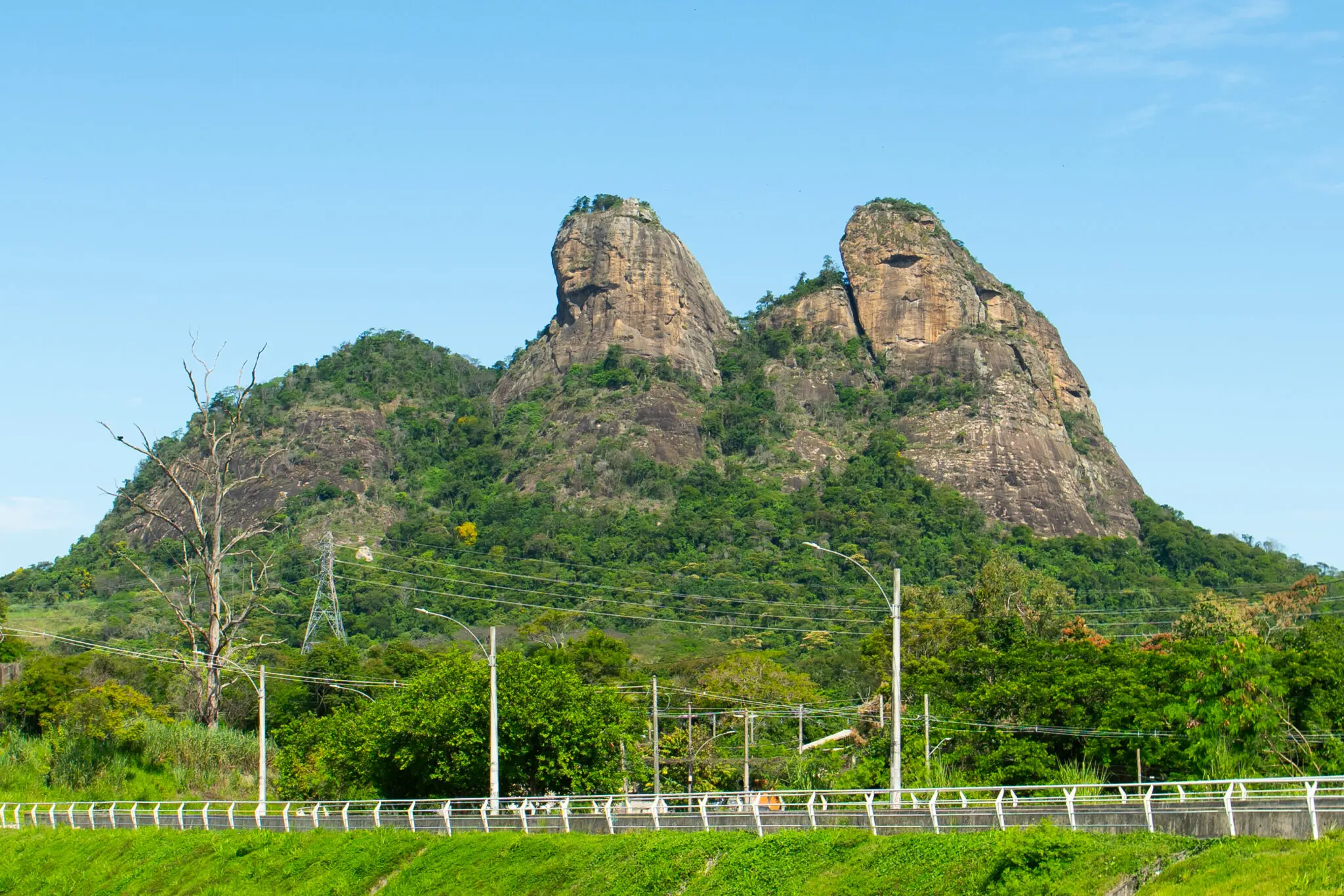 Maciço montanhoso coberto de vegetação verde, com árvores secas e estrutura de luzes à direita.
