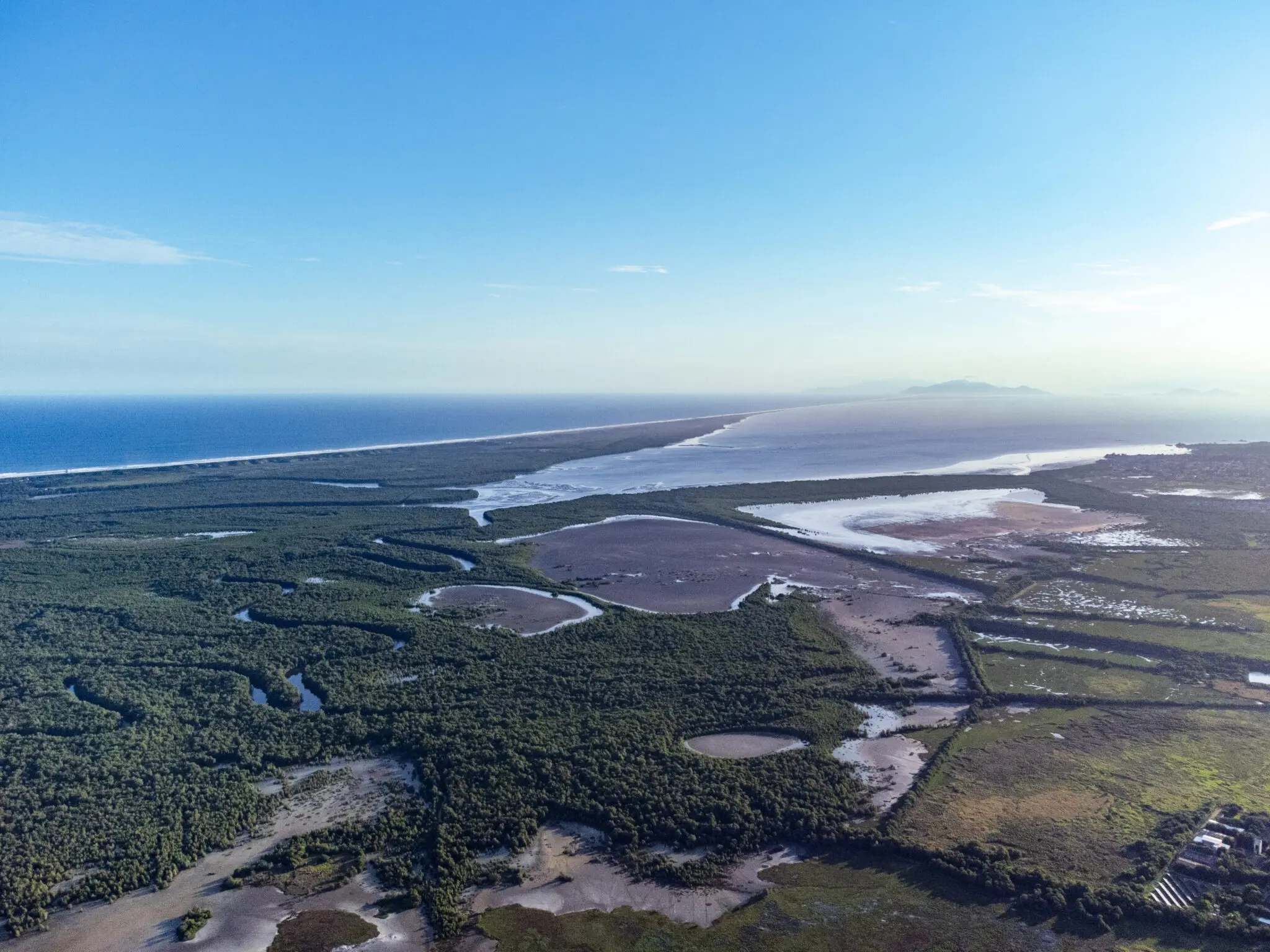 Paisagem costeira com vegetação verde, água salobra e oceano azul.