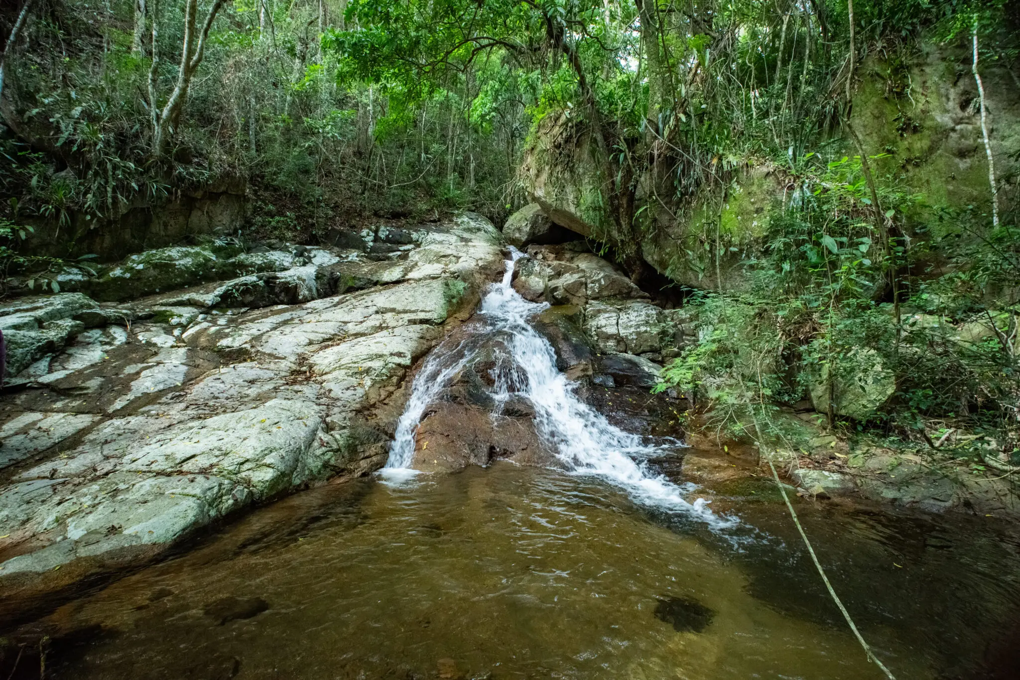 Rio flutuando em floresta densa, rochas escorregadias e cascata suave.