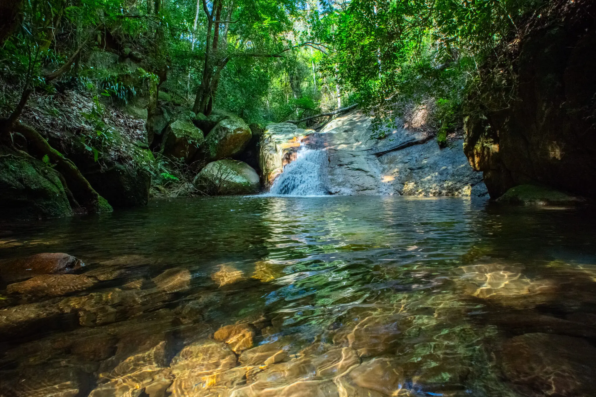Cachoeira em floresta densa, rochas e vegetação verde.