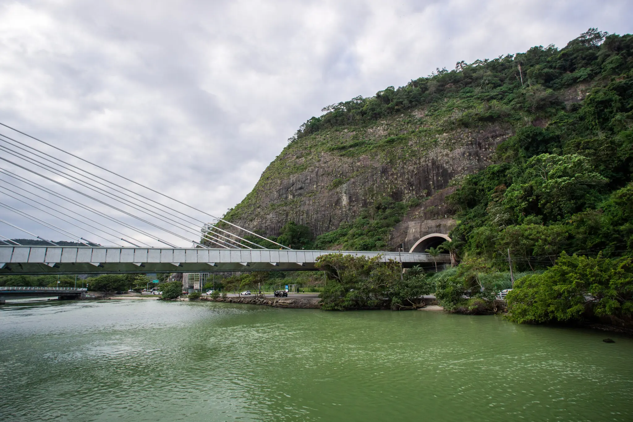 Cenário natural com ponte moderna, túnel e montanha verde.