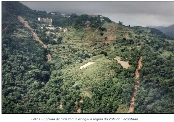 Área montanhosa com vegetação densa e estrada levando ao prédio branco.