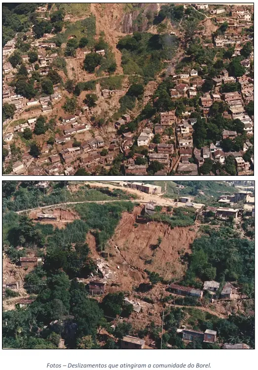 Comunidades residenciais em encostas, com deslizamento de terra.