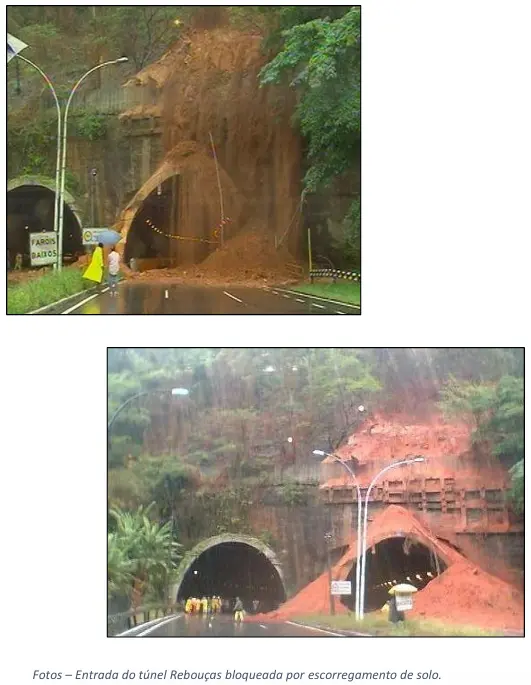 Entradas de túneis bloqueadas por deslizamento de terra vermelha.