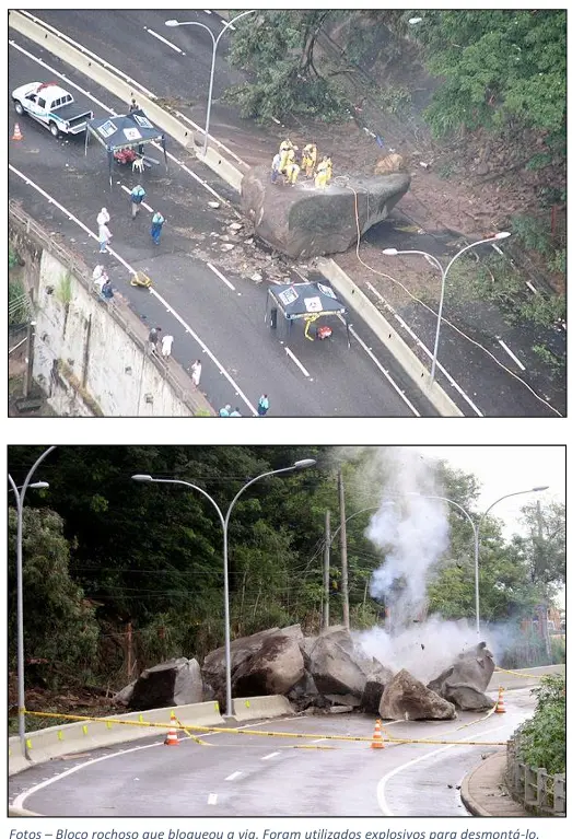 Acidente rodoviário com bloqueio de rocha, removida por explosivos.
