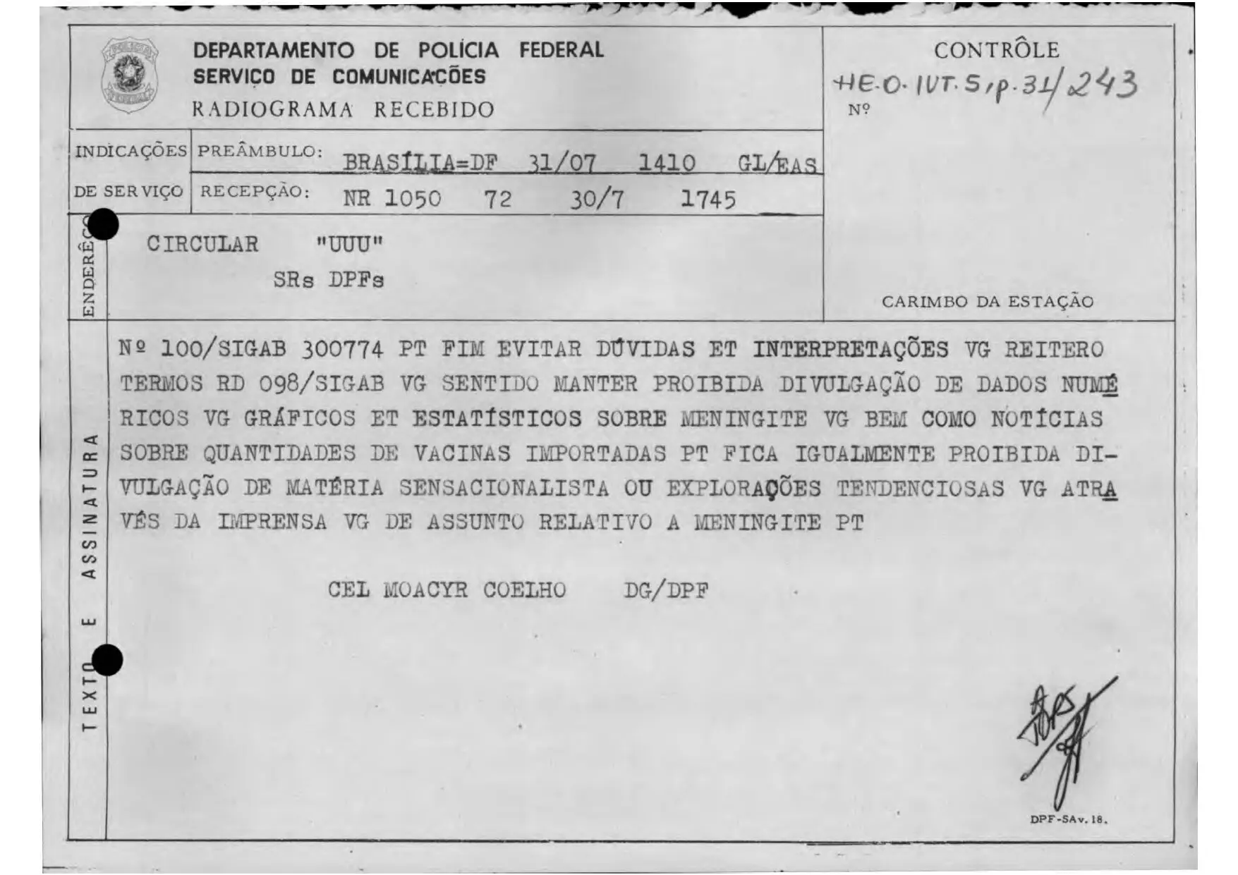 Radiograma do DPF sobre restrições de divulgação de informações sobre meningite e vacinas.