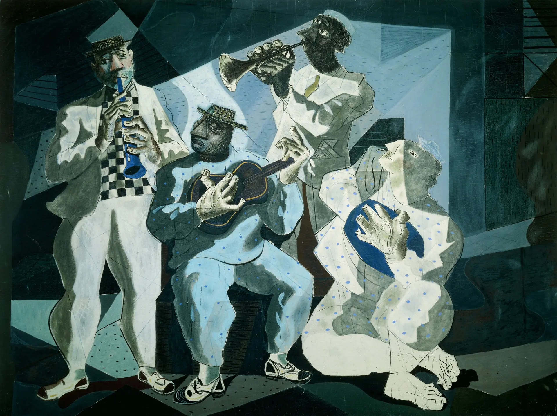 Pintura de músicos urbanos em azul e cinza.