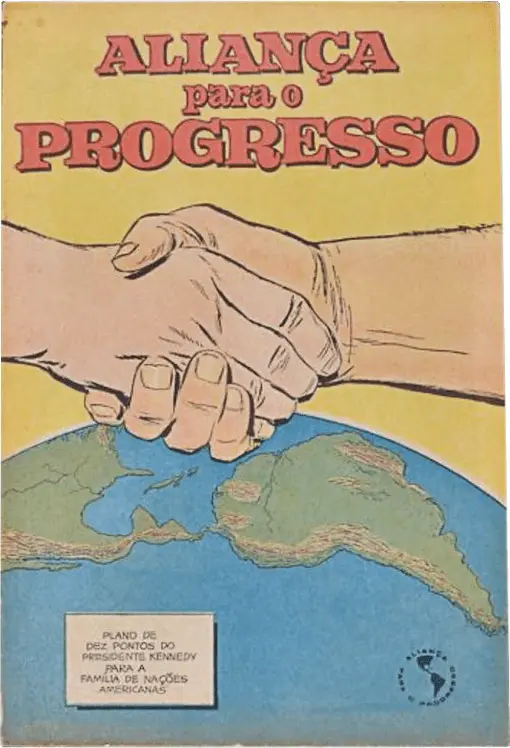 Cartaz colorido da Aliança para o Progresso, mostrando parceria e planos de Kennedy.