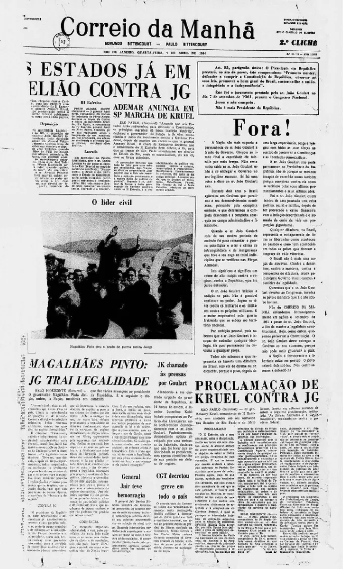 Primeira página do "Correio da Manhã", 1º de abril de 1964, com foto central e texto destacado.