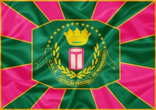 Bandeira com design simétrico e vibrante, contendo escudo verde com símbolo dourado e texto "G.R.S. Estação Primeira de Mangueira".