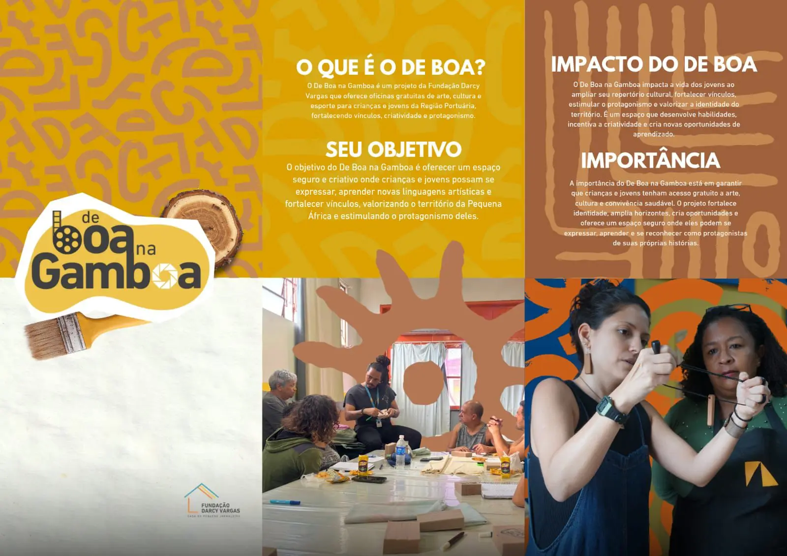 Cartaz informativo sobre o projeto "De boa na Gamboa", mostrando atividades criativas e artesanais.