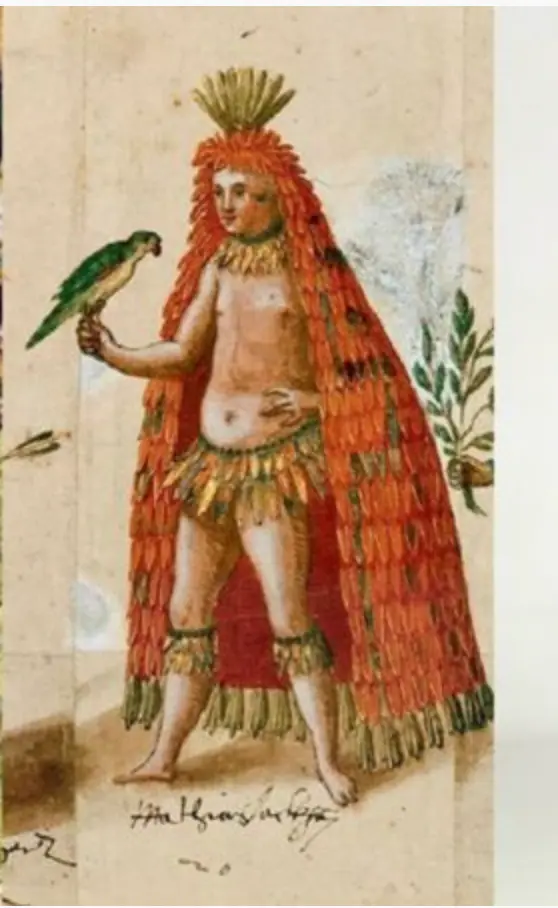 Pintura de indígena tupinambá com capa vermelha e papagaio verde.