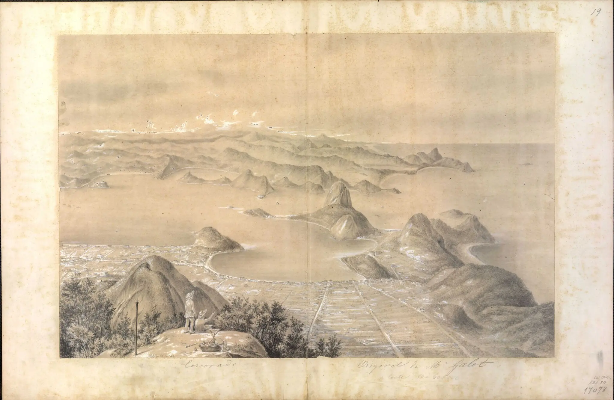 Gravura em preto e branco da Baía de Guanabara, com figura humana observando paisagem montanhosa.