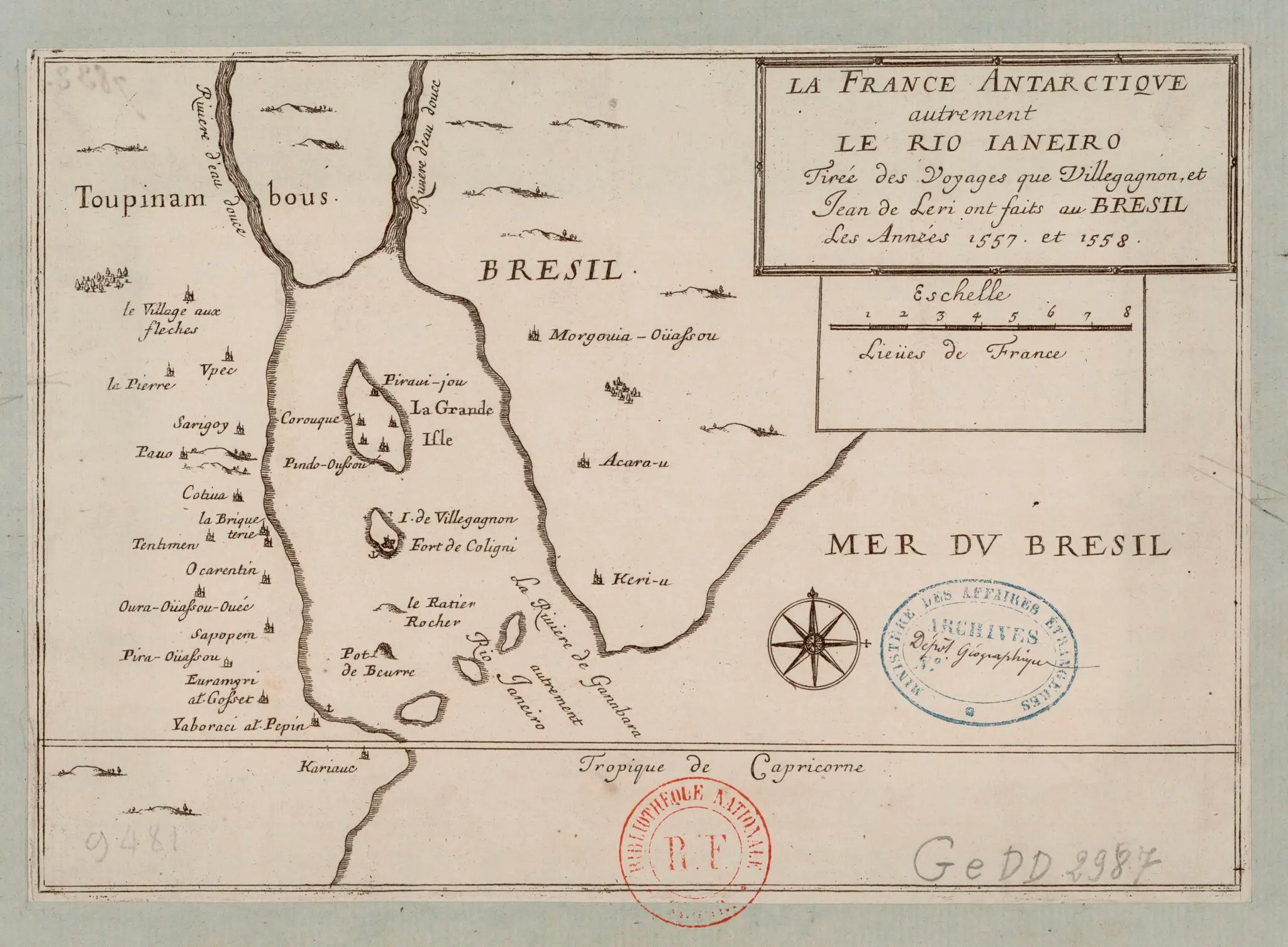 Mapa antigo da França Antártica e Rio de Janeiro, com destaque para a Baía de Guanabara.