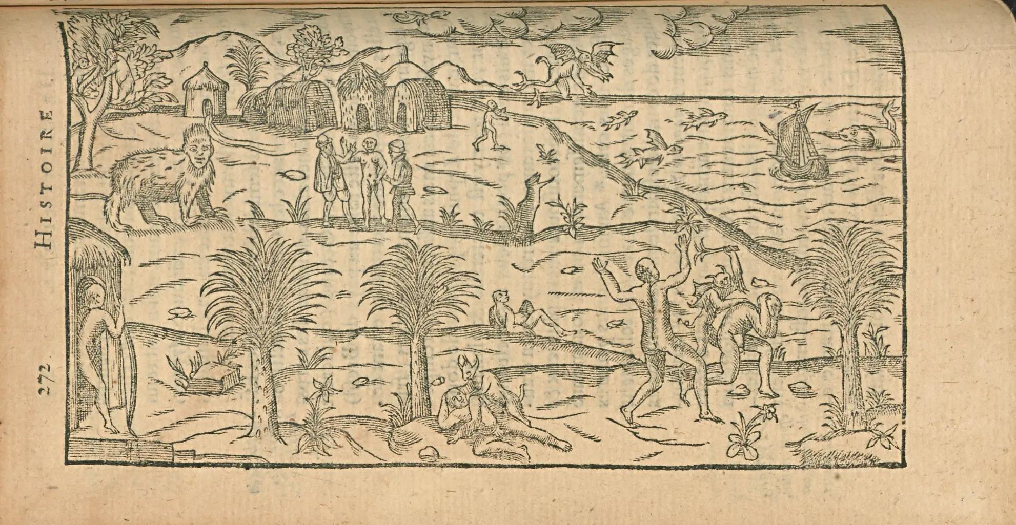 Gravura em preto e branco mostrando figuras humanas e animais em cenário tropical.