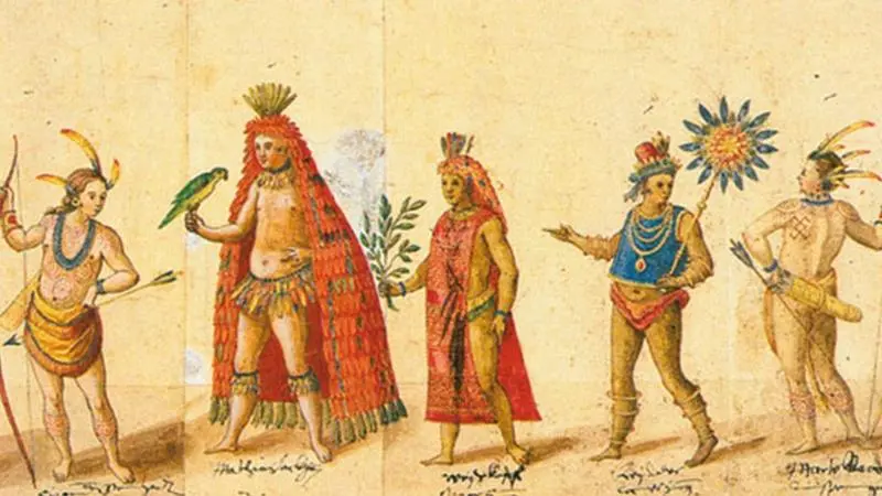 Ilustração colorida de figuras indígenas tupinambás vestindo trajes tradicionais.
