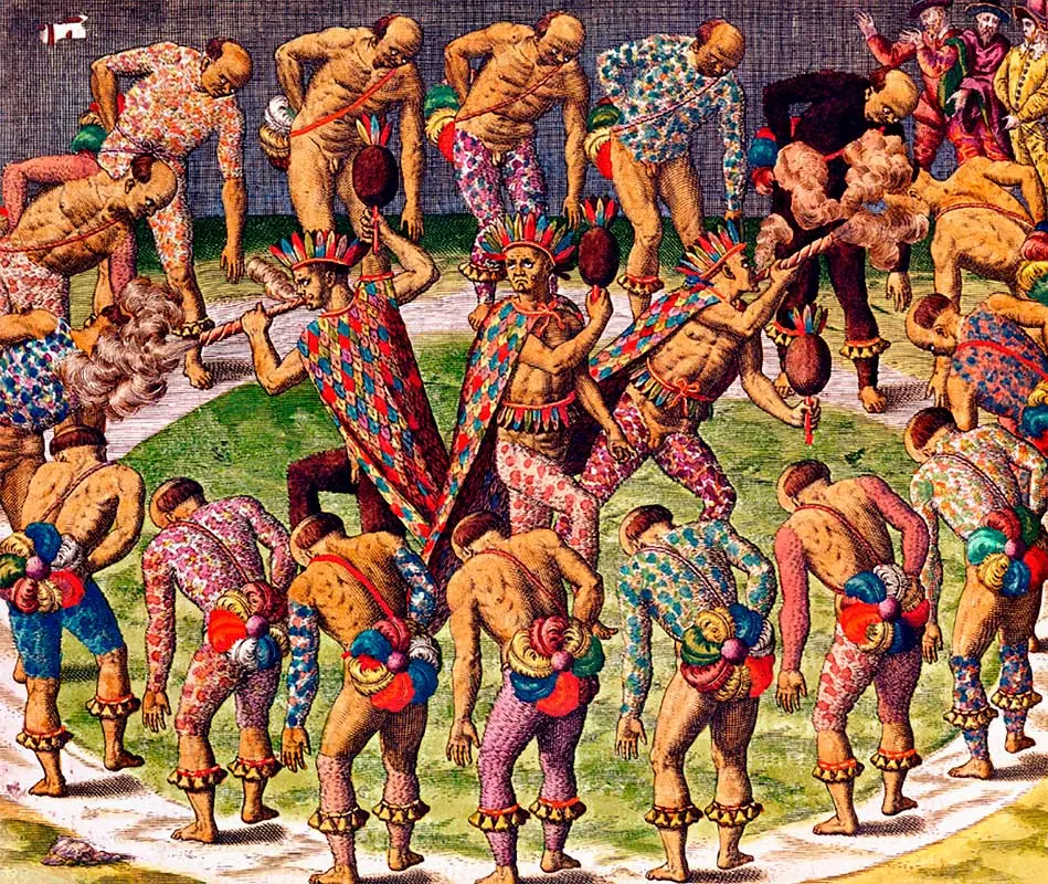 Gravura colorida de pessoas tupinambás em trajes tradicionais.