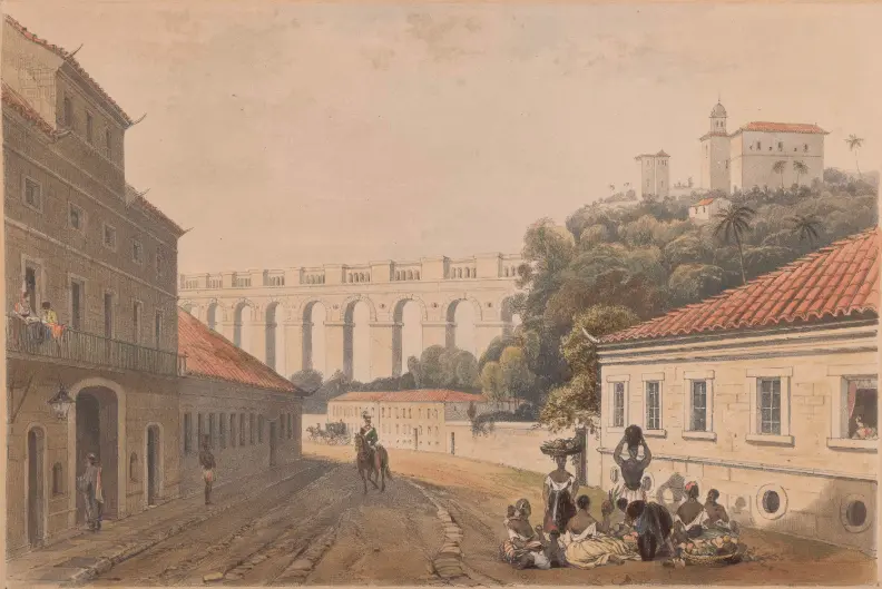 Pintura urbana histórica com edifícios, ruas, aqueduto e colina.