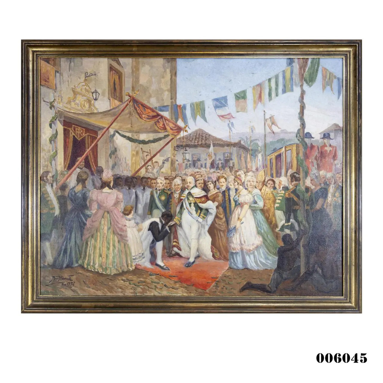 Pintura festiva com pessoas em trajes formais e elegantes, bandeiras coloridas e construção ao fundo.