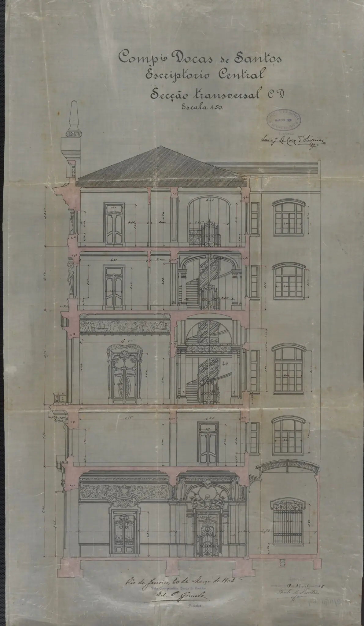 Gravura de edifício com três níveis e escritório central.