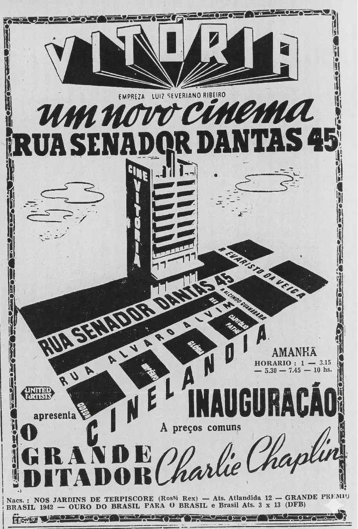 Cartaz preto e branco anunciando a inauguração do Cine Vitória.