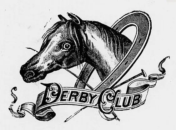 Gravura de cavalo com laço de fita em forma de "8" e faixa "DERBY CLUB".