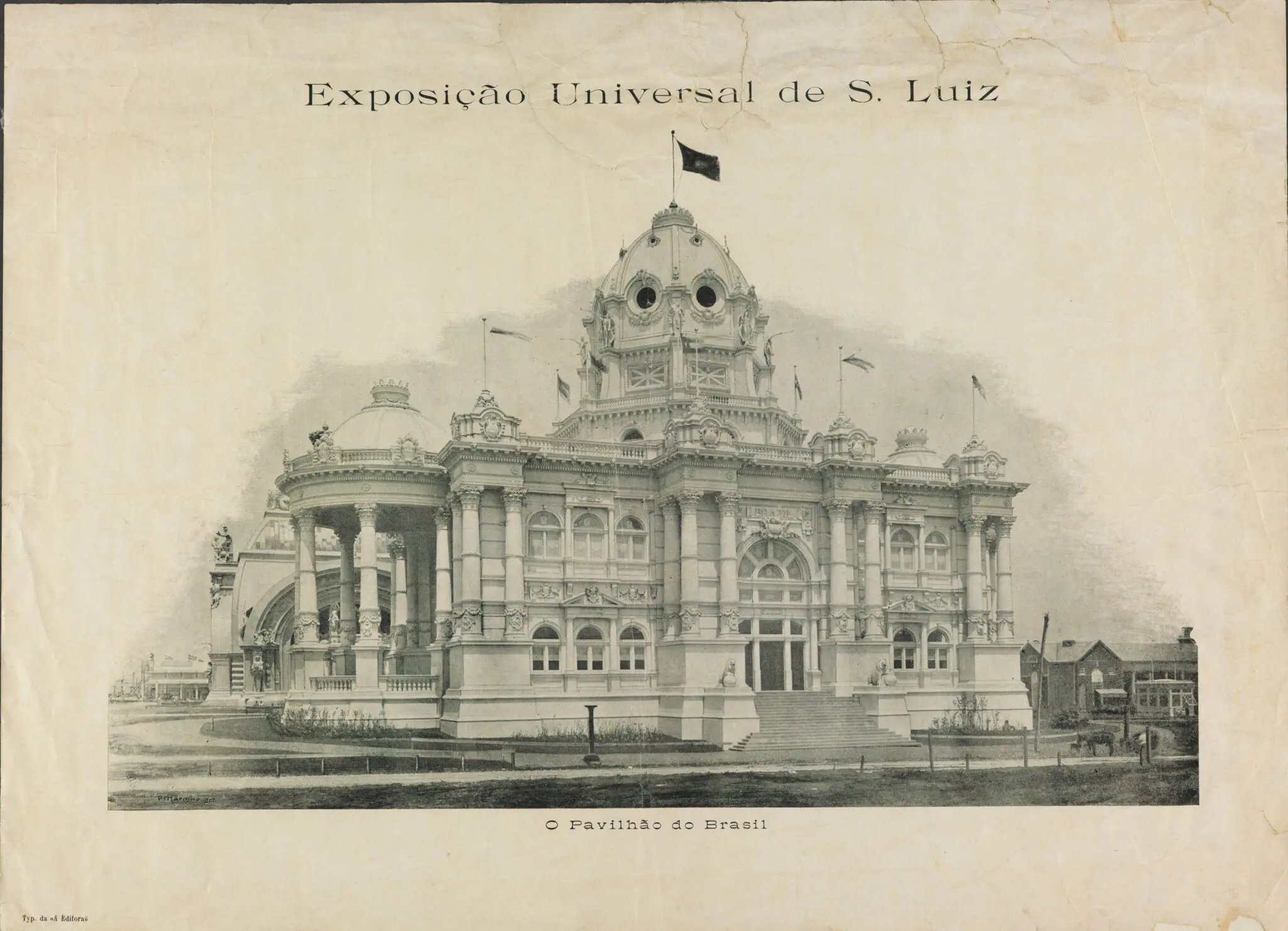 Gravura preto e branco de palácio com torre e bandeira.
