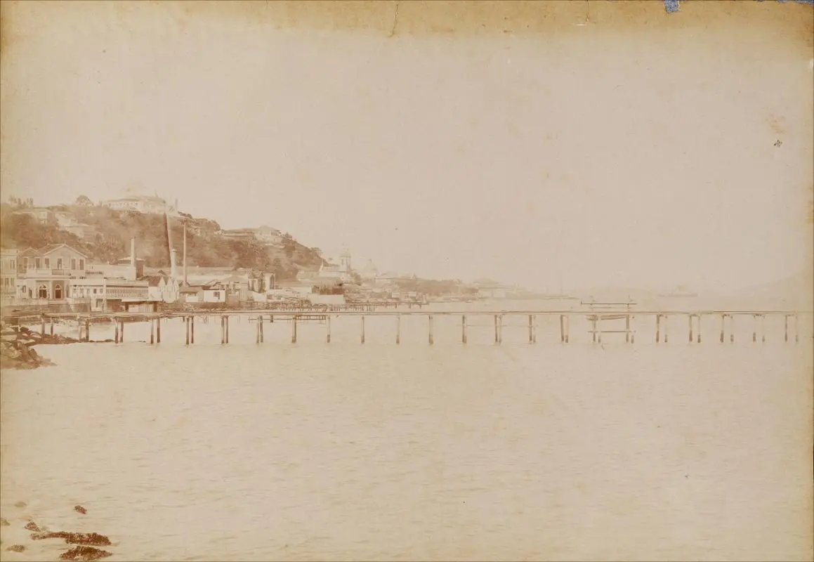 Praia antiga com muelle, edifícios e colina verde.