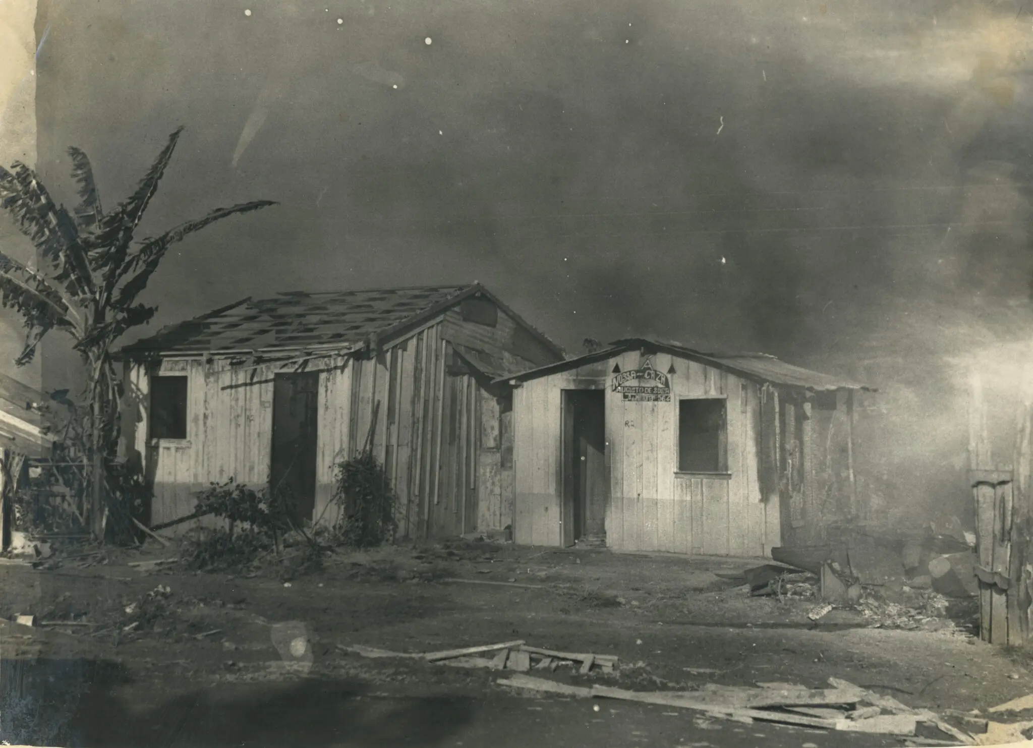 Fotografia preto e branco de favela com palmeira e edifícios de madeira simples.
