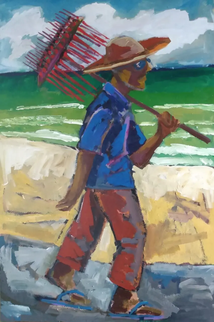 Pintura de vendedor de pirulitos e taboca com céu azul e paisagem verde.
